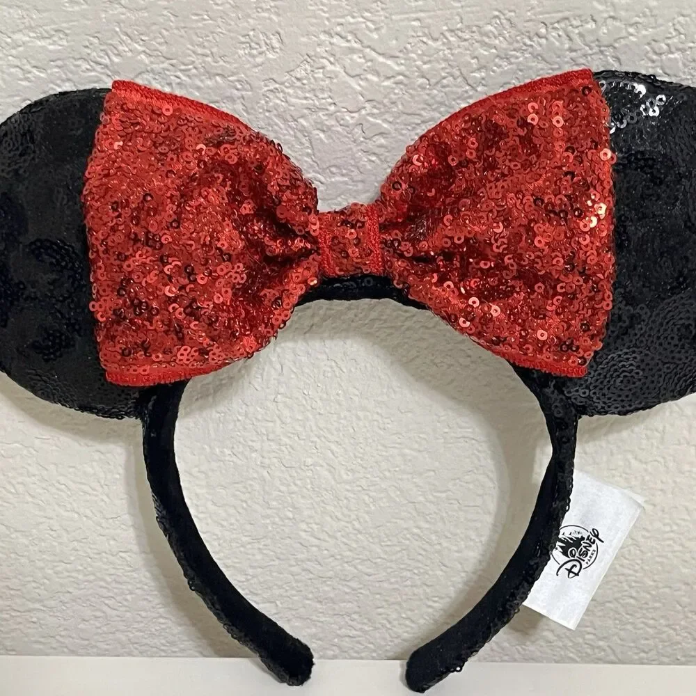 Disney Parks Minnie Mouse Ears Red Bow Black Sequin Headband